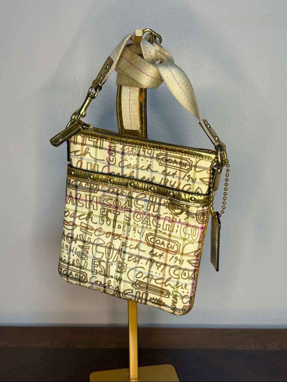 Coach Cream Multicolor Script Crossbody Bag with Gold Hardware